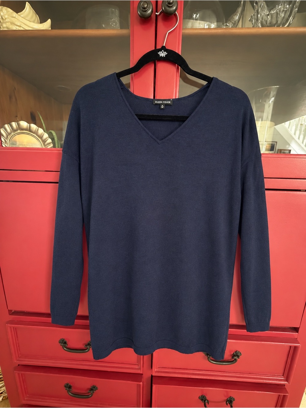 Eileen Fisher Deep Navy V-Neck Pullovers Sweater